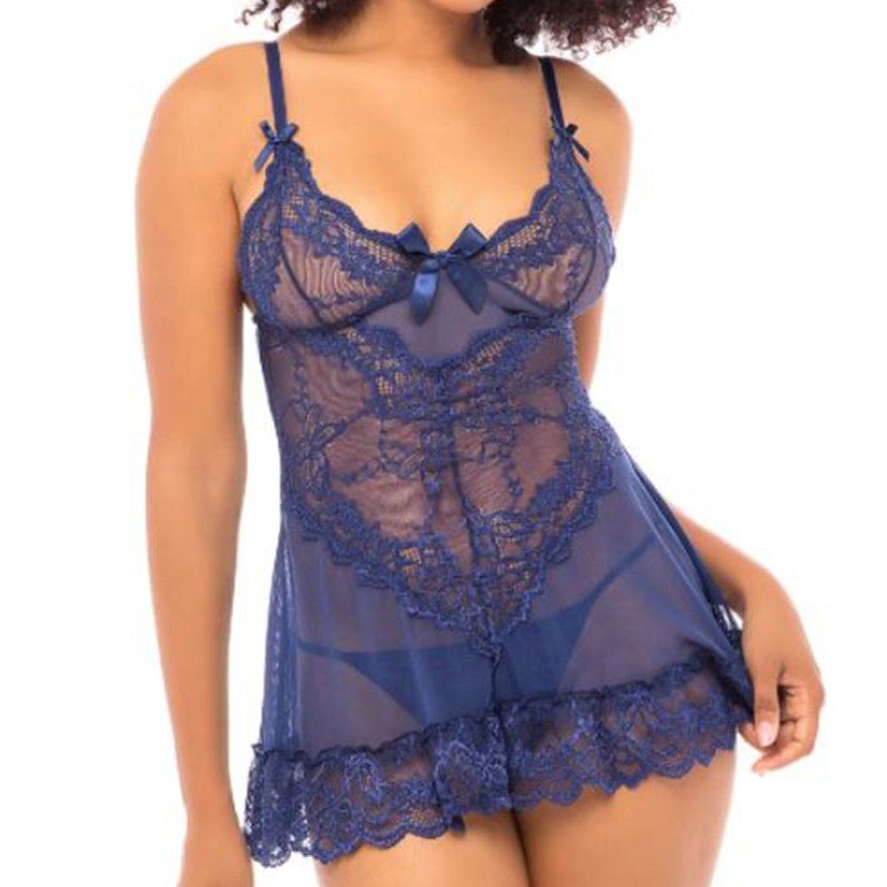NEW Oh la la Cheri Sz M Blue Floral Sheer Lace Babydoll &  G-String Set Lingerie